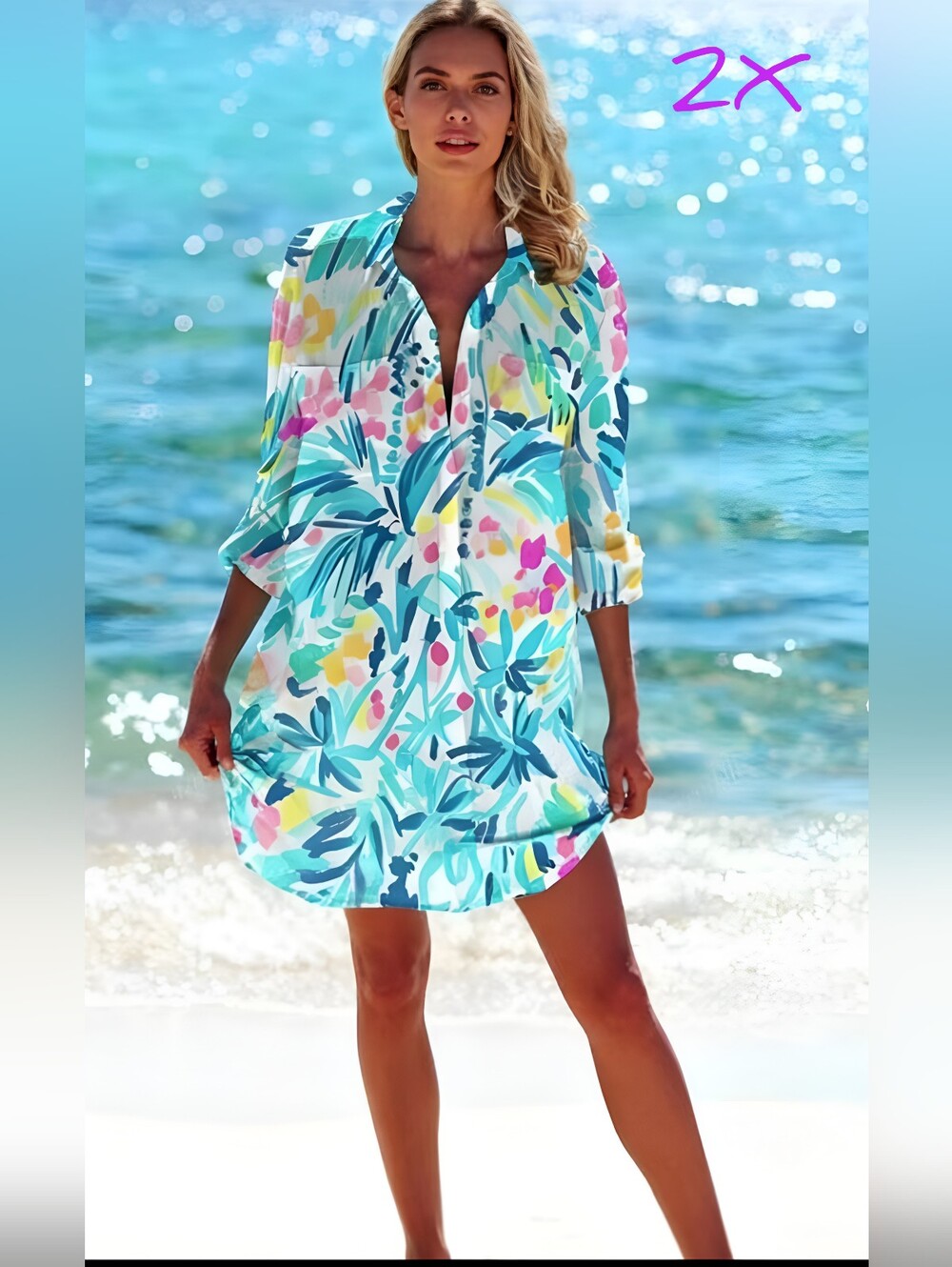 Beautiful beach button front shirt dress, 2X. New